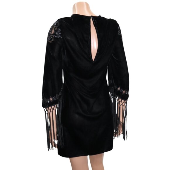 ZARA Black Velvet Embroidered Beaded Embellished Mini Dress Fringe Sleeves S - Picture 4 of 8